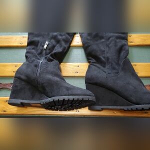 NWOT Black Faux Suede Wedge Heeled Knee-High Boots, Size 8